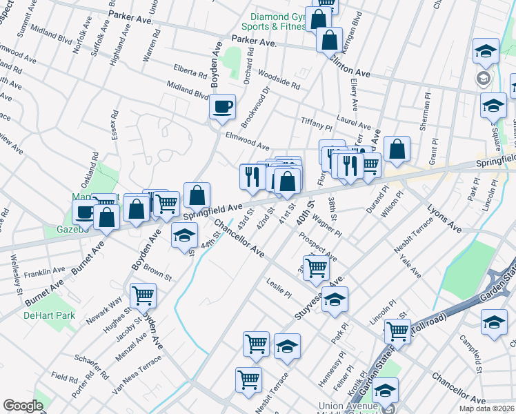 map of restaurants, bars, coffee shops, grocery stores, and more near 166 Prospect Avenue in Irvington