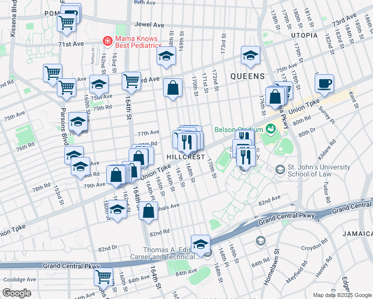 map of restaurants, bars, coffee shops, grocery stores, and more near 77-37 168th Street in Queens