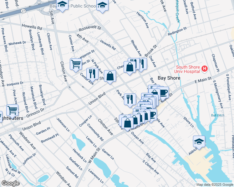 map of restaurants, bars, coffee shops, grocery stores, and more near 64 Park Avenue in Bay Shore
