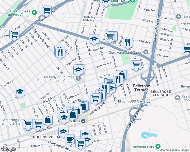 map of restaurants, bars, coffee shops, grocery stores, and more near 92-90 222nd Street in Queens