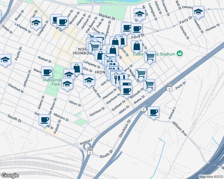 map of restaurants, bars, coffee shops, grocery stores, and more near 104 Houston Street in Newark