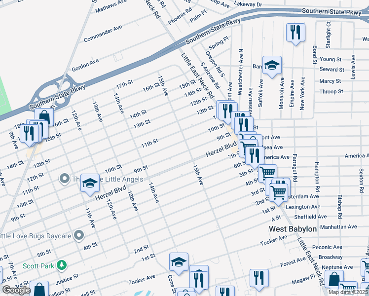 map of restaurants, bars, coffee shops, grocery stores, and more near 1476 9th Street in West Babylon