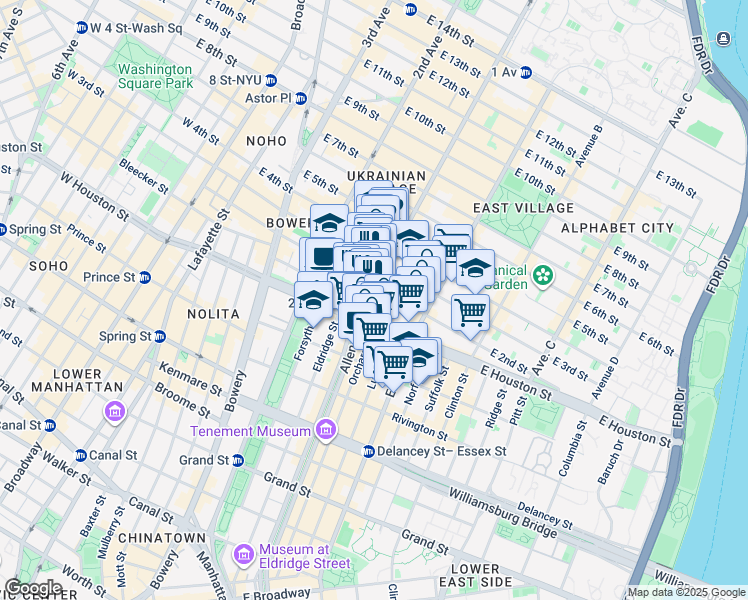 map of restaurants, bars, coffee shops, grocery stores, and more near 18 1st Avenue in New York