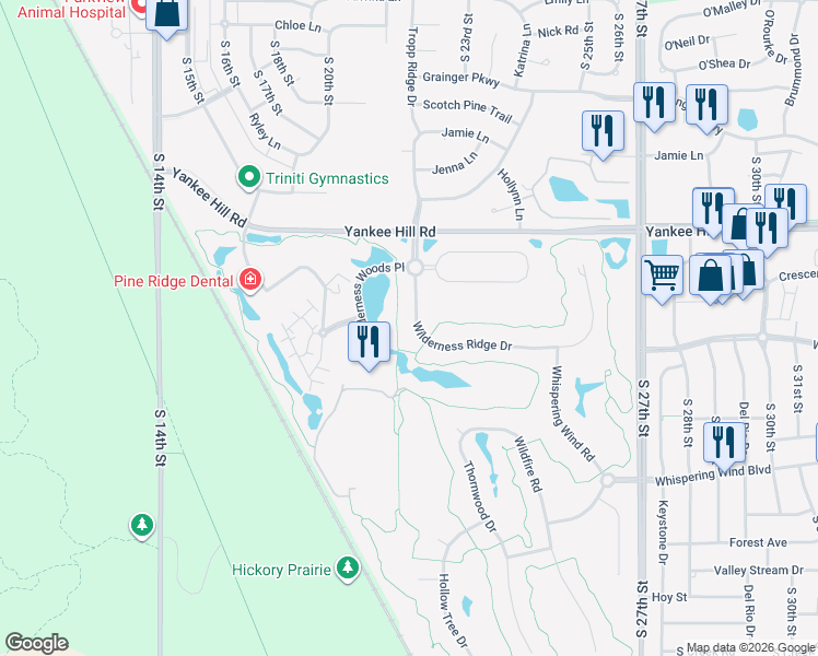 map of restaurants, bars, coffee shops, grocery stores, and more near 2041 Wilderness Ridge Drive in Lincoln