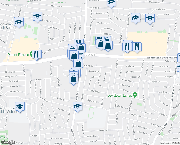 map of restaurants, bars, coffee shops, grocery stores, and more near 8 Blossom Ln in Levittown