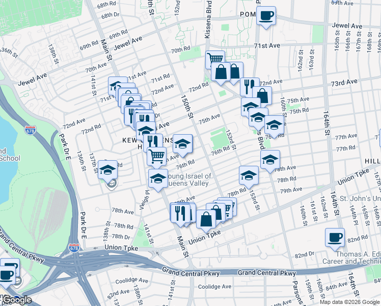 map of restaurants, bars, coffee shops, grocery stores, and more near 14730 76th Avenue in Queens