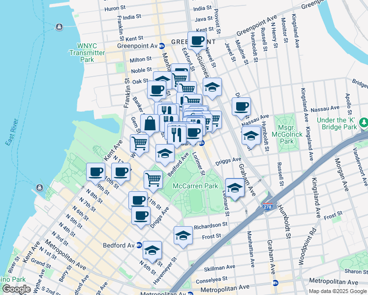 map of restaurants, bars, coffee shops, grocery stores, and more near 63 Guernsey Street in Brooklyn