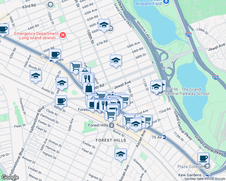 map of restaurants, bars, coffee shops, grocery stores, and more near 107-19 70th Avenue in Queens