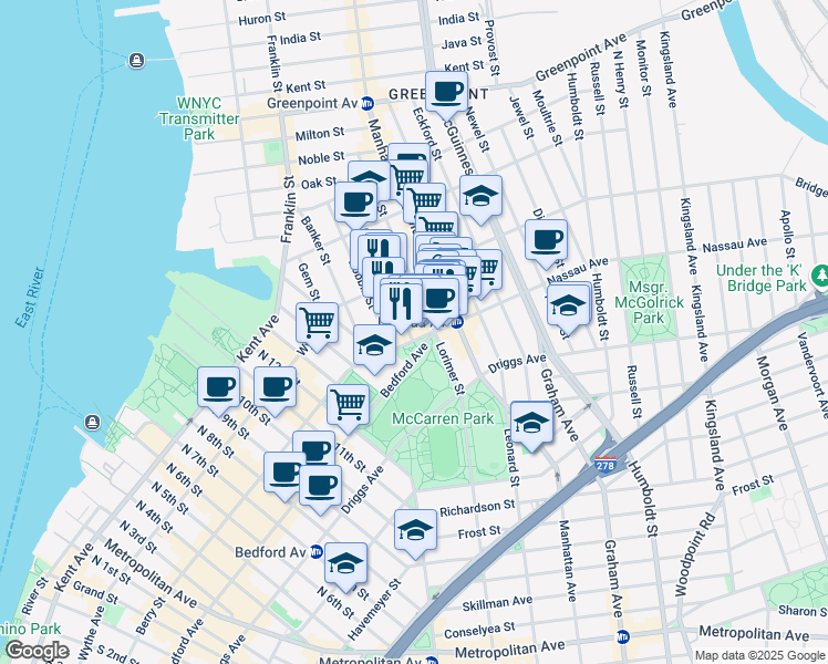 map of restaurants, bars, coffee shops, grocery stores, and more near 63 Guernsey Street in Brooklyn