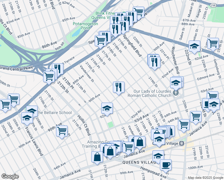 map of restaurants, bars, coffee shops, grocery stores, and more near 90-07 215th Street in Queens