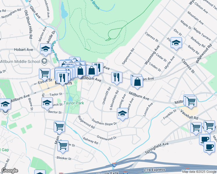 map of restaurants, bars, coffee shops, grocery stores, and more near 258 Millburn Avenue in Millburn