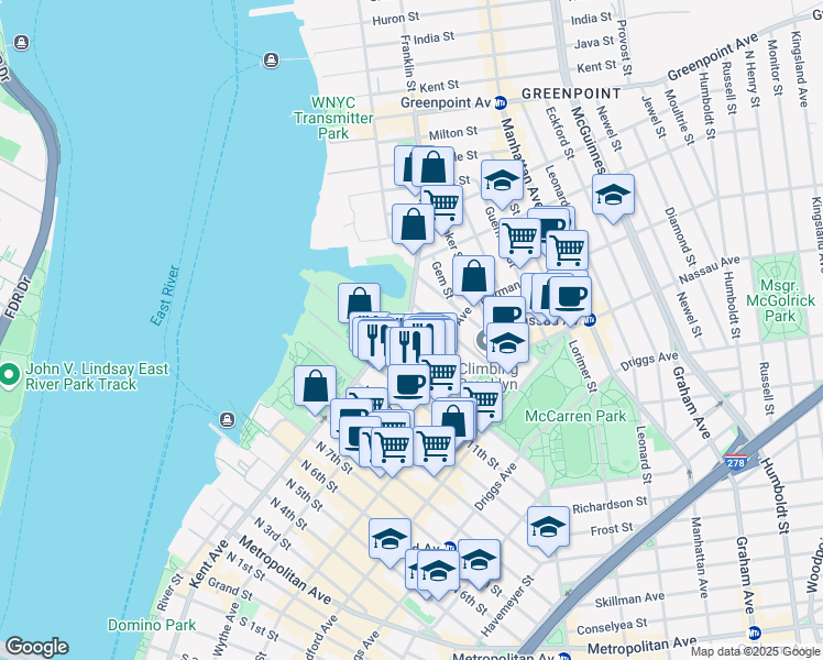map of restaurants, bars, coffee shops, grocery stores, and more near 89 North 13th Street in Brooklyn