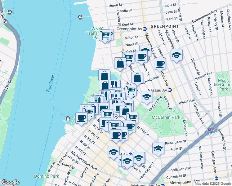 map of restaurants, bars, coffee shops, grocery stores, and more near 25 Kent Avenue in Brooklyn