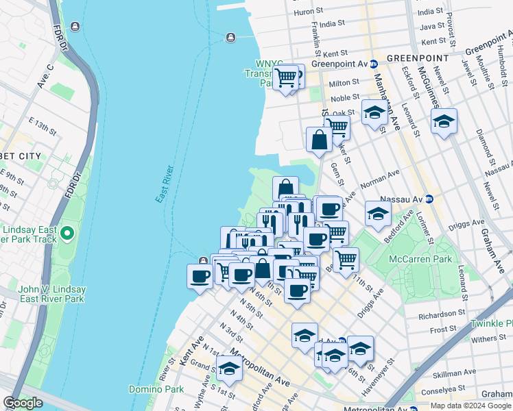map of restaurants, bars, coffee shops, grocery stores, and more near 16 North 11th Street in Brooklyn