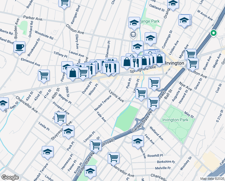 map of restaurants, bars, coffee shops, grocery stores, and more near 837 Lyons Avenue in Irvington