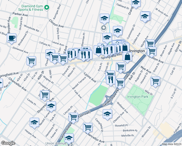 map of restaurants, bars, coffee shops, grocery stores, and more near 52 Nesbit Terrace in Irvington
