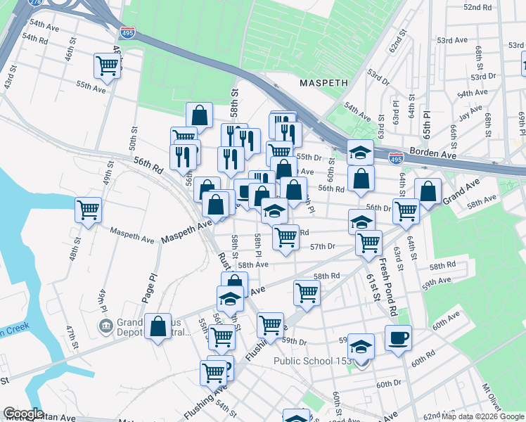 map of restaurants, bars, coffee shops, grocery stores, and more near 56-70 58th Place in Queens