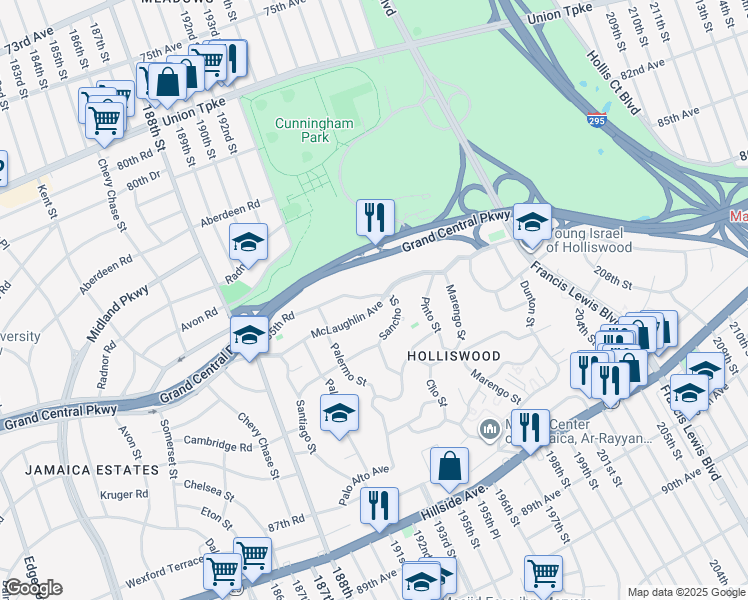 map of restaurants, bars, coffee shops, grocery stores, and more near 193-62 85th Road in Queens