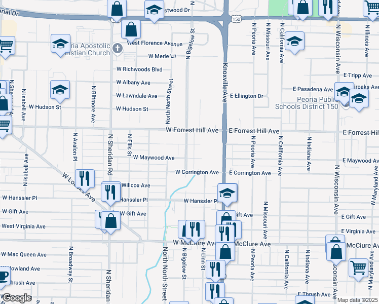 map of restaurants, bars, coffee shops, grocery stores, and more near 2928 North Bigelow Street in Peoria