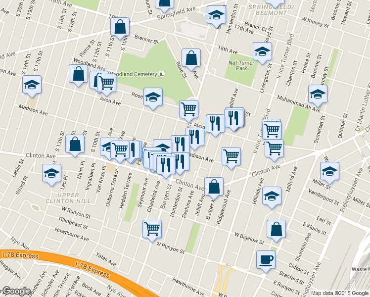 map of restaurants, bars, coffee shops, grocery stores, and more near 606 Bergen Street in Newark