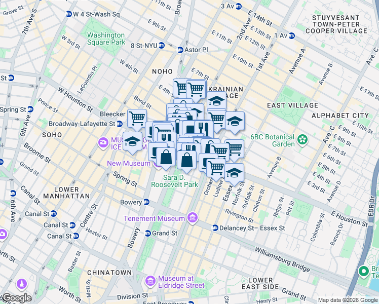 map of restaurants, bars, coffee shops, grocery stores, and more near East Houston Street in New York