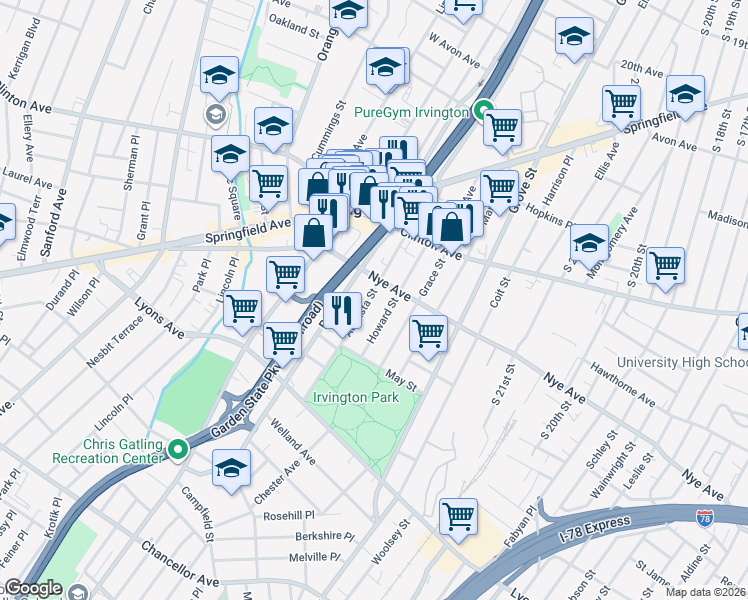map of restaurants, bars, coffee shops, grocery stores, and more near 64 Augusta Street in Irvington