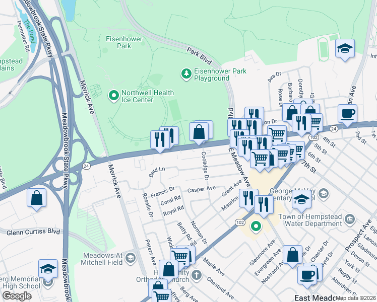 map of restaurants, bars, coffee shops, grocery stores, and more near 1778 Hempstead Bethpage Turnpike in East Meadow