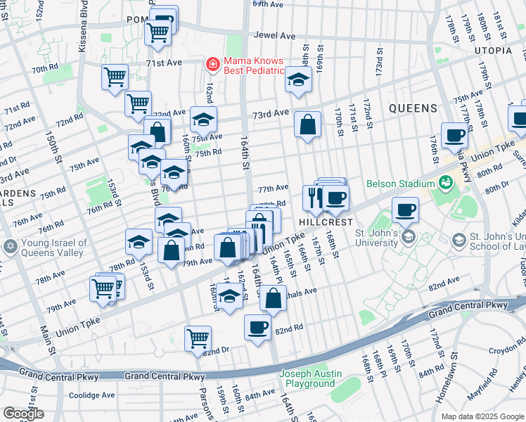 map of restaurants, bars, coffee shops, grocery stores, and more near 164-04 77th Road in Queens