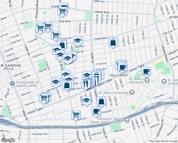 map of restaurants, bars, coffee shops, grocery stores, and more near 162-6 77th Road in Queens