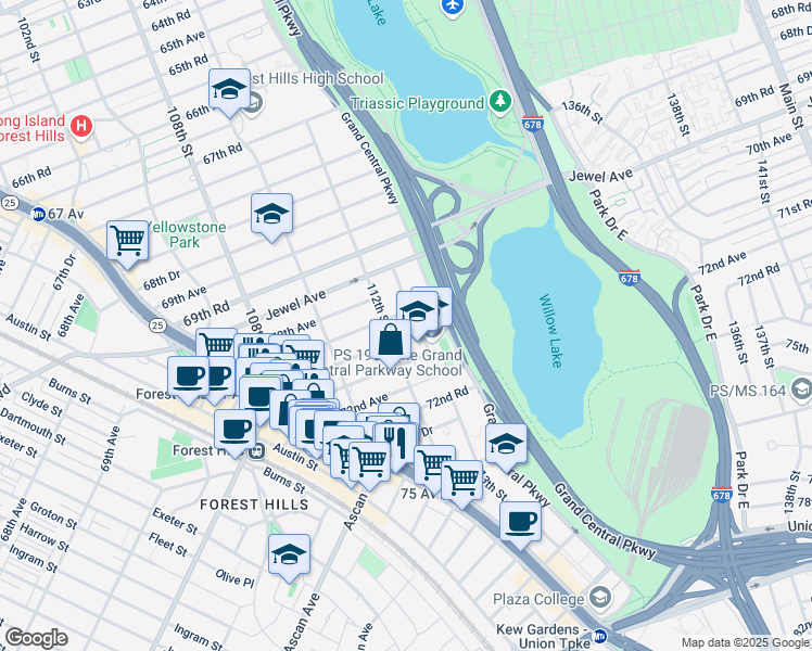 map of restaurants, bars, coffee shops, grocery stores, and more near 70-01 113th Street in Queens