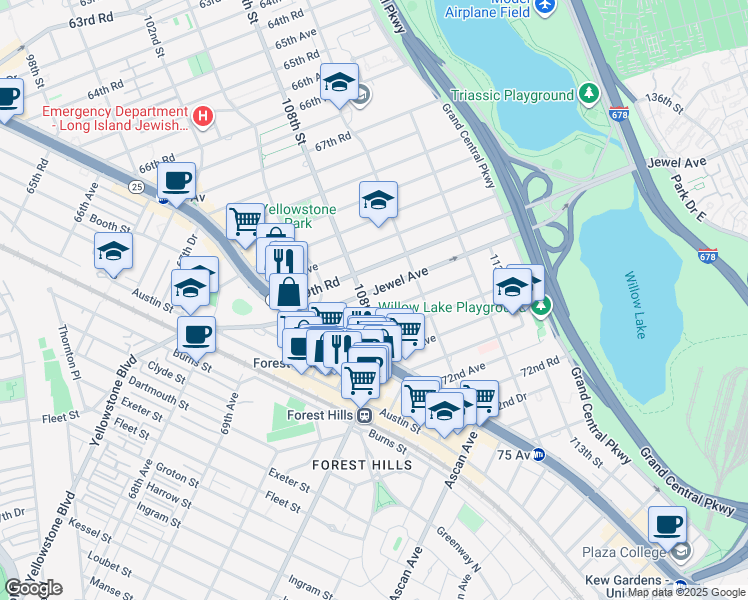 map of restaurants, bars, coffee shops, grocery stores, and more near 107-19 70th Avenue in Queens