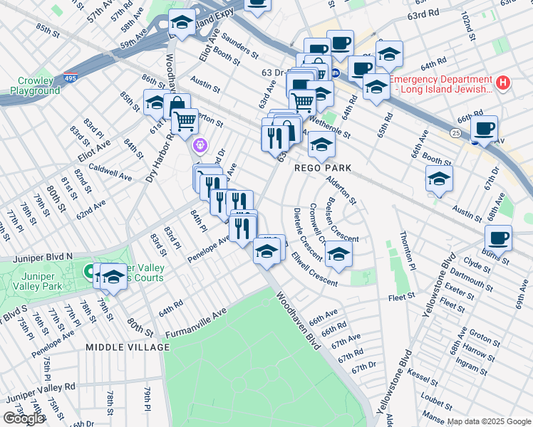 map of restaurants, bars, coffee shops, grocery stores, and more near 63-87 Fitchett Street in Queens