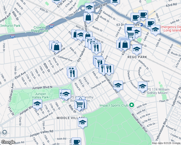 map of restaurants, bars, coffee shops, grocery stores, and more near 84-18 63rd Avenue in Queens
