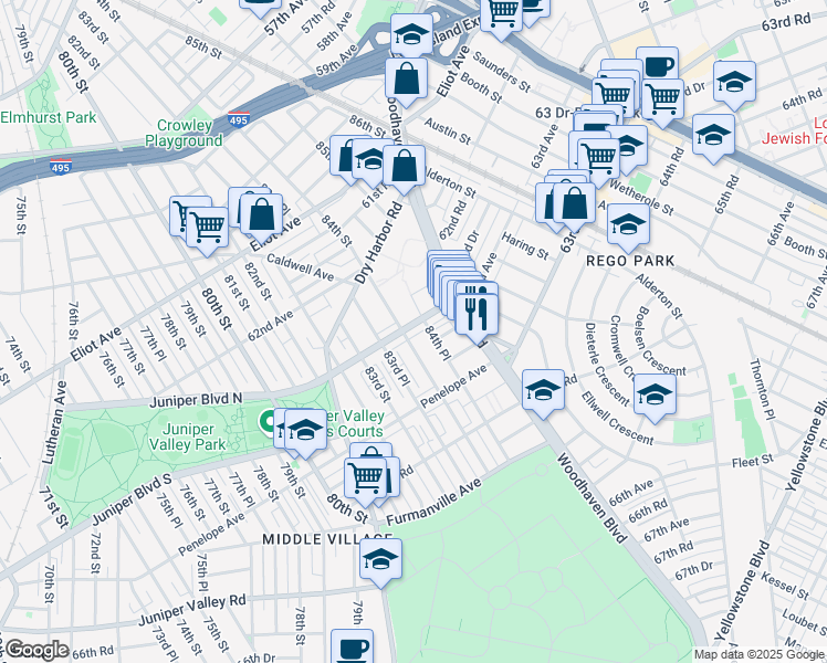 map of restaurants, bars, coffee shops, grocery stores, and more near 84-18 63rd Avenue in Queens