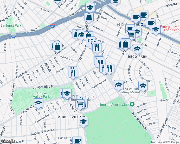 map of restaurants, bars, coffee shops, grocery stores, and more near 84-18 63rd Avenue in Queens