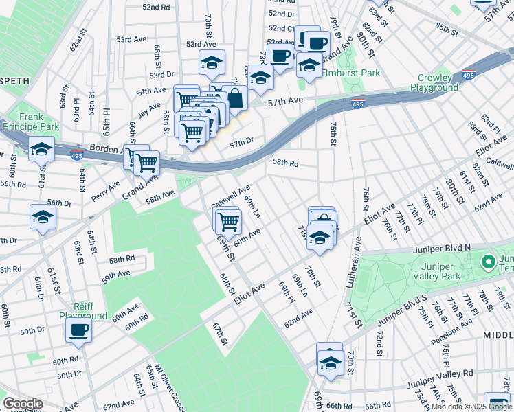 map of restaurants, bars, coffee shops, grocery stores, and more near 59-28 69th Lane in Queens
