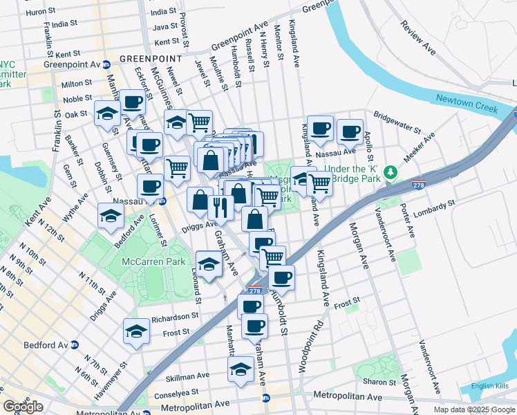 map of restaurants, bars, coffee shops, grocery stores, and more near 160 Driggs Avenue in Brooklyn