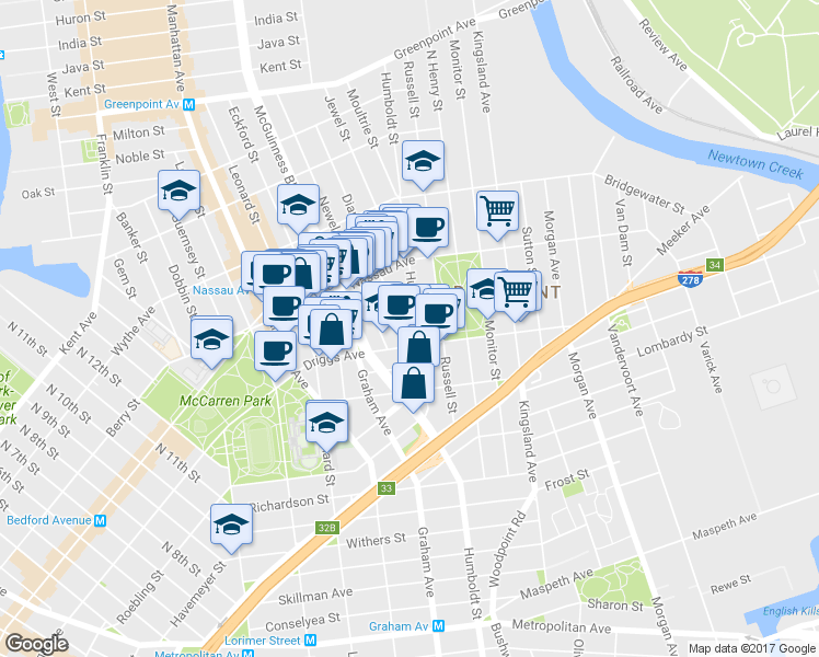 map of restaurants, bars, coffee shops, grocery stores, and more near 160 Driggs Avenue in Brooklyn
