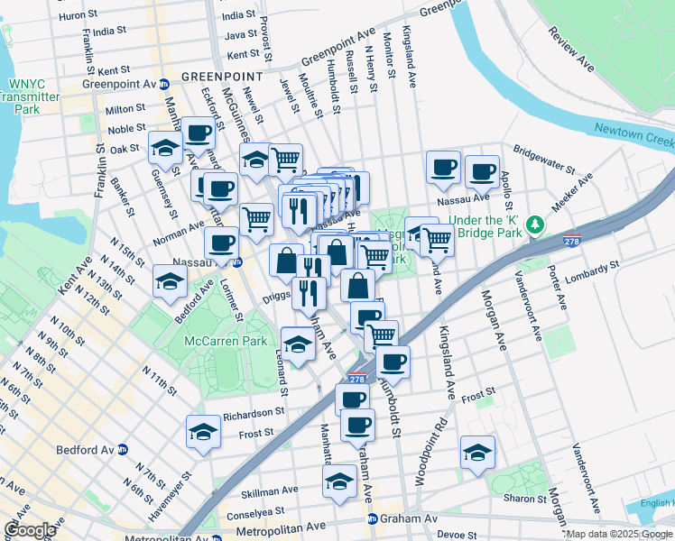 map of restaurants, bars, coffee shops, grocery stores, and more near 160 Driggs Avenue in Brooklyn