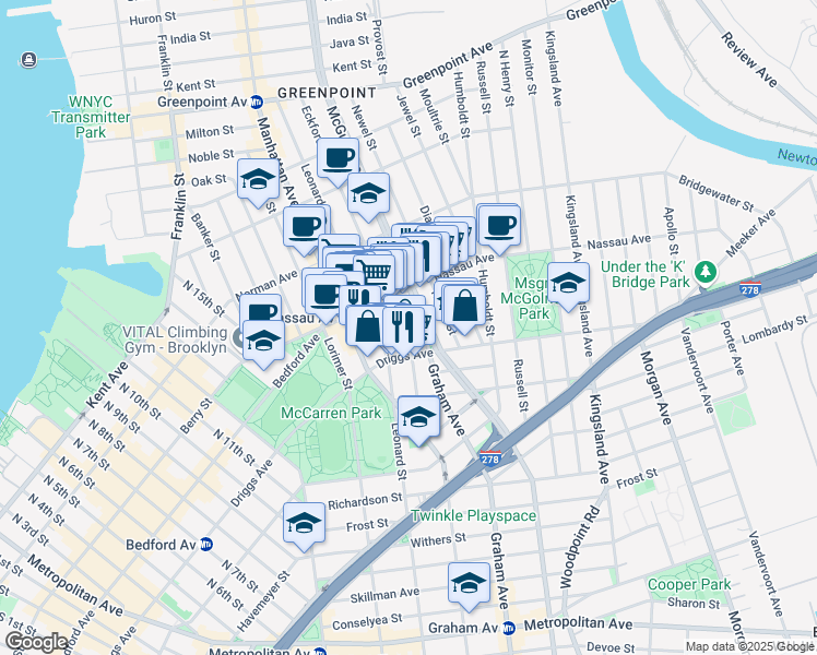 map of restaurants, bars, coffee shops, grocery stores, and more near 112 Eckford Street in Brooklyn