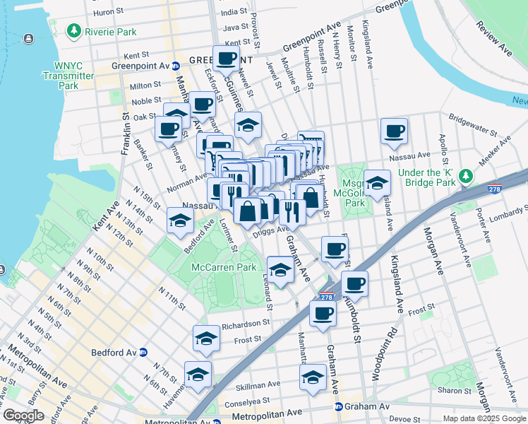map of restaurants, bars, coffee shops, grocery stores, and more near 112 Eckford Street in Brooklyn