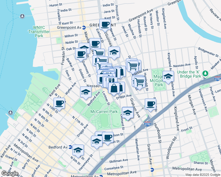 map of restaurants, bars, coffee shops, grocery stores, and more near 541 Leonard Street in Brooklyn
