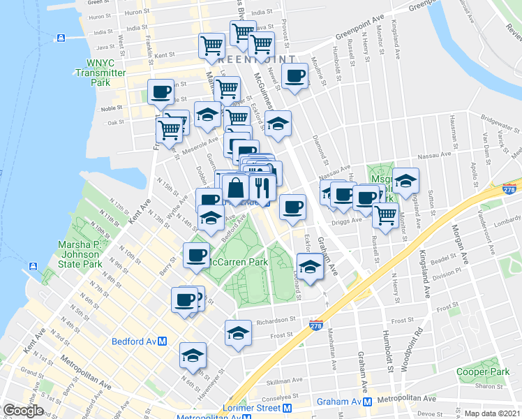 map of restaurants, bars, coffee shops, grocery stores, and more near 649 Manhattan Avenue in Brooklyn