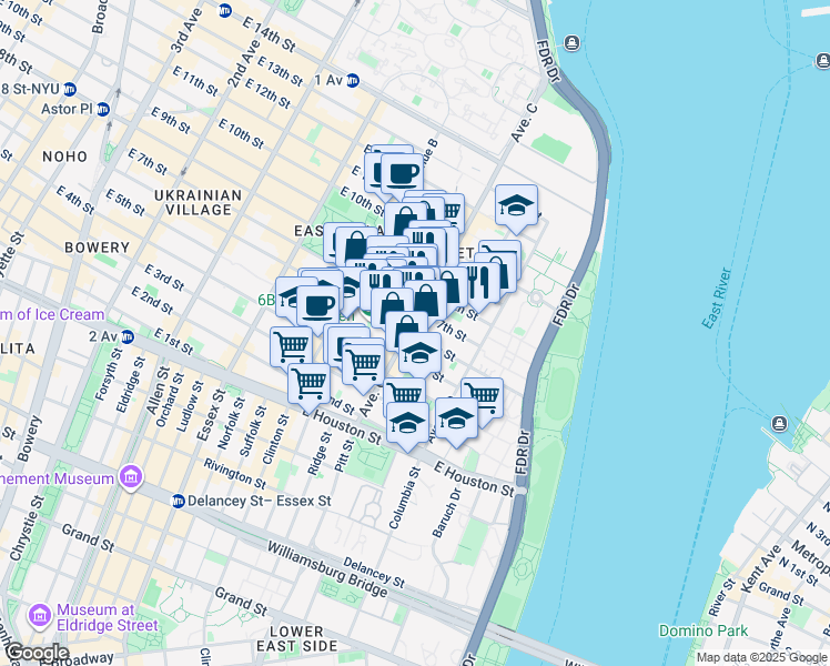 map of restaurants, bars, coffee shops, grocery stores, and more near 19 Loisaida Avenue in New York