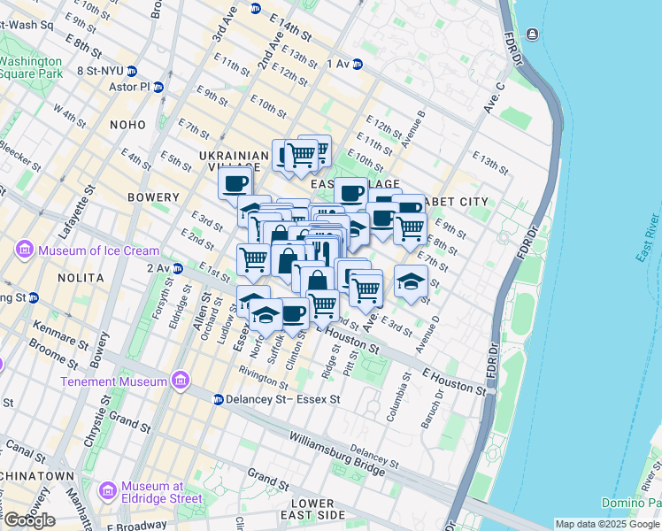 map of restaurants, bars, coffee shops, grocery stores, and more near 50-52 Avenue B in New York