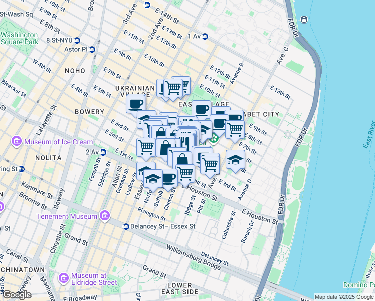 map of restaurants, bars, coffee shops, grocery stores, and more near 50-52 Avenue B in New York