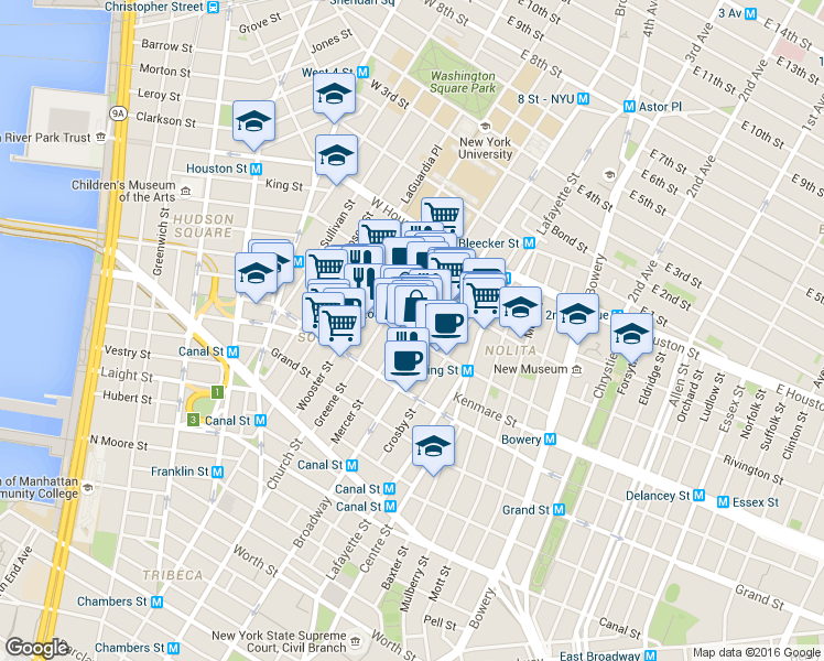 map of restaurants, bars, coffee shops, grocery stores, and more near 533 Broadway in New York