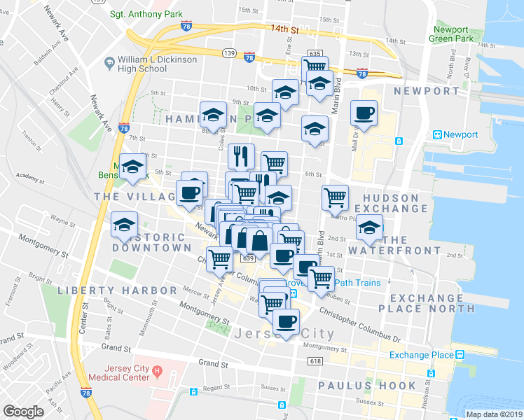 map of restaurants, bars, coffee shops, grocery stores, and more near 234 3rd Street in Jersey City