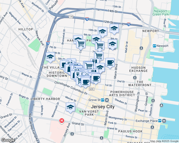 map of restaurants, bars, coffee shops, grocery stores, and more near 579 Jersey Avenue in Jersey City