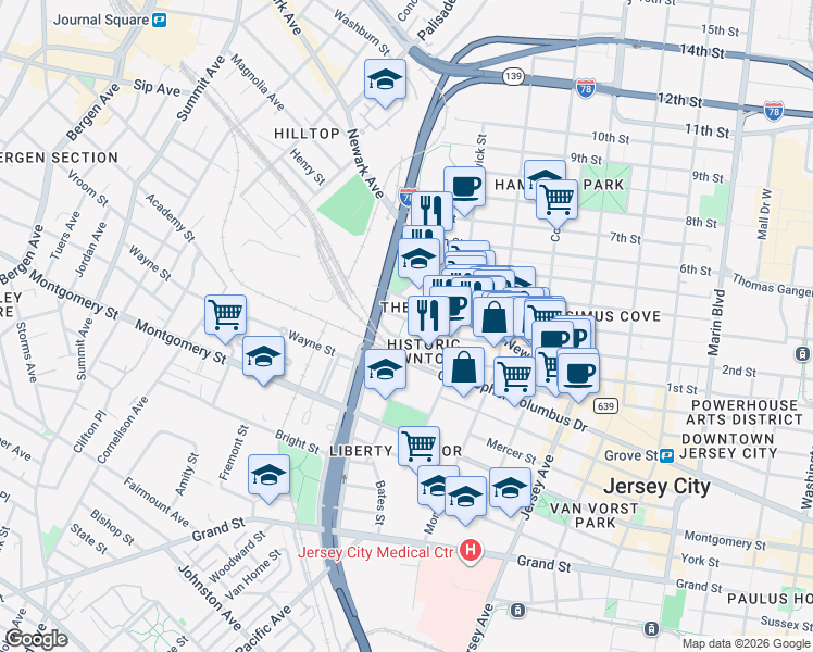 map of restaurants, bars, coffee shops, grocery stores, and more near 443 2nd Street in Jersey City